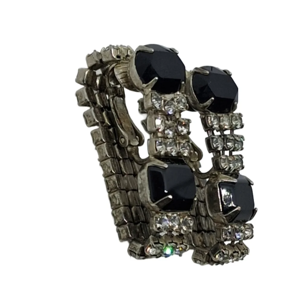 Vintage 50s Black And White Rhinestone Wrap Around Clip Earrings